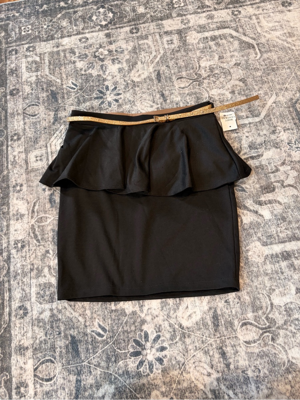 Body Central Black Mini Skirt with Gold Belt and Peplum